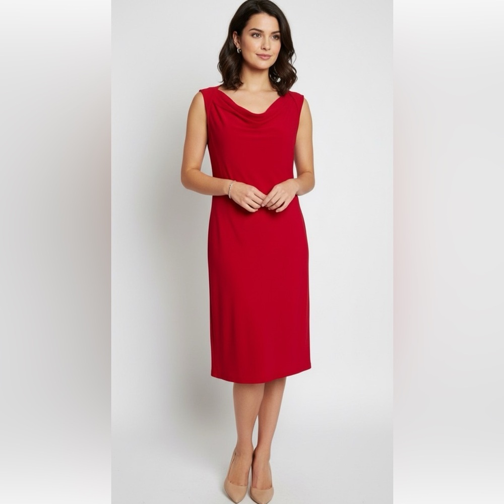 Evan Picone Woman’s Elegant Red Draped Neck Flattering Sheath‎ Midi Dress 12